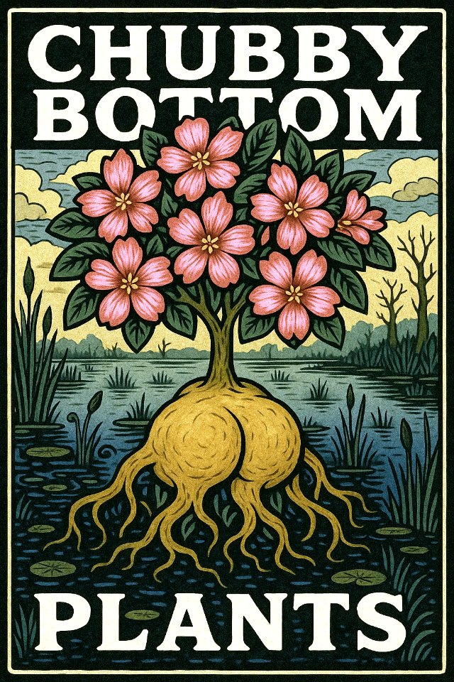 Chubby Bottom Plants — woodcut poster of a flowering plant with chubby golden roots in a swamp